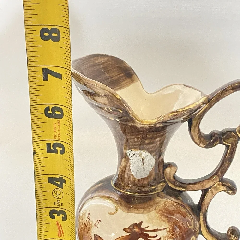 Vintage H. Bequet Quaregnon Belgium Stag Ceramic Pitcher with Gold Trim 7 x 5.5